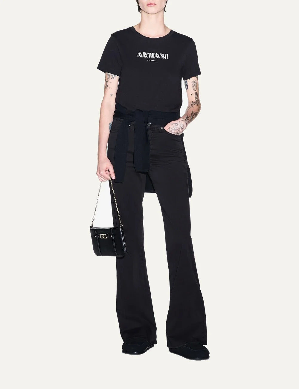 Armani Exchange women's black regular-fit T-shirt with round neckline, short sleeves and white front logo full body