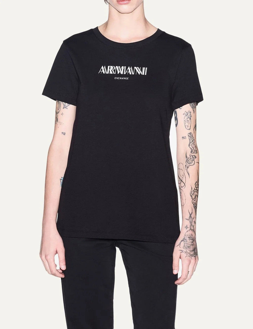 Armani Exchange women's black regular-fit T-shirt with round neckline, short sleeves and white front logo model
