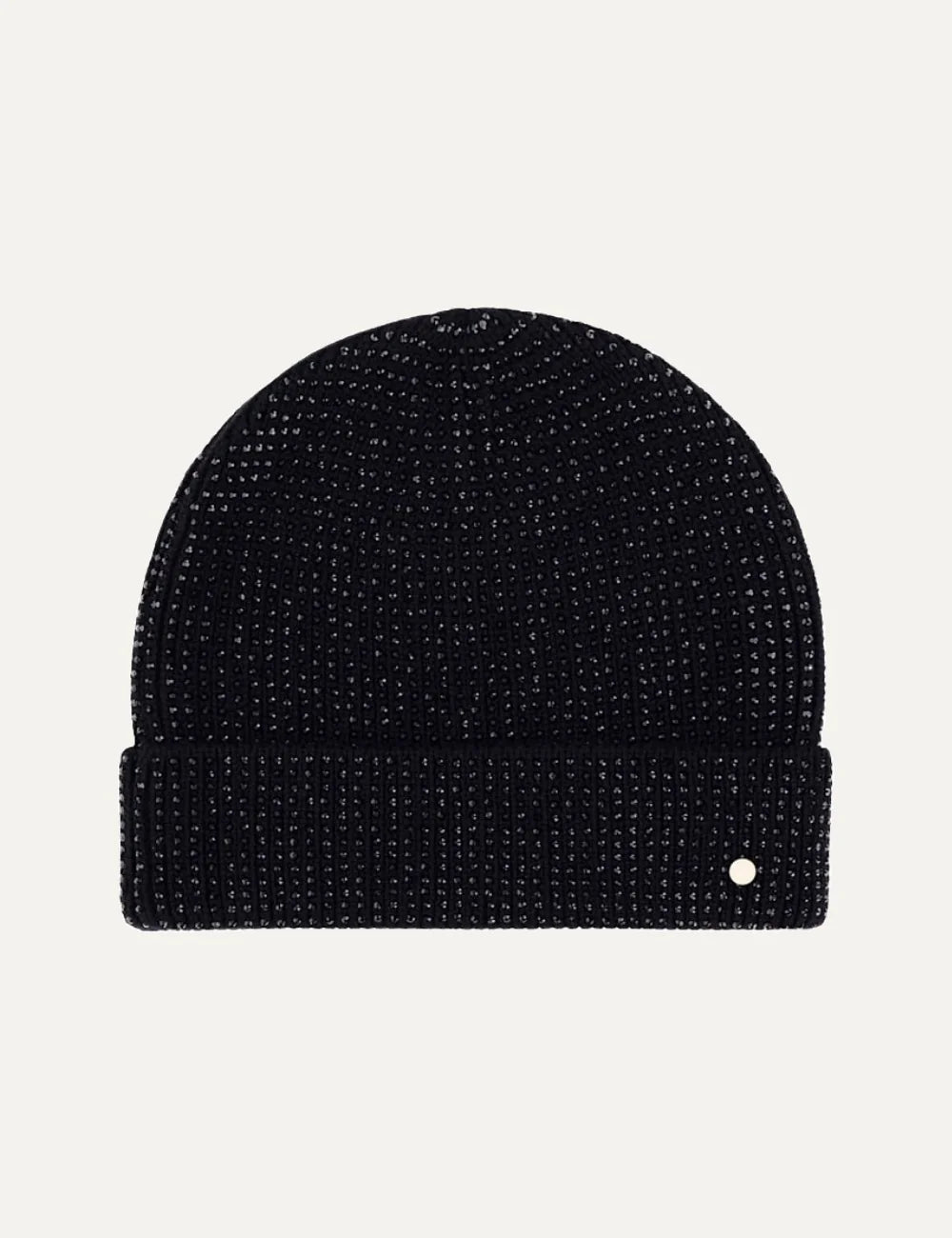 Women's Armani Exchange black knitted beanie with all-over rhinestone embellishments, ribbed cuff and metal plaque