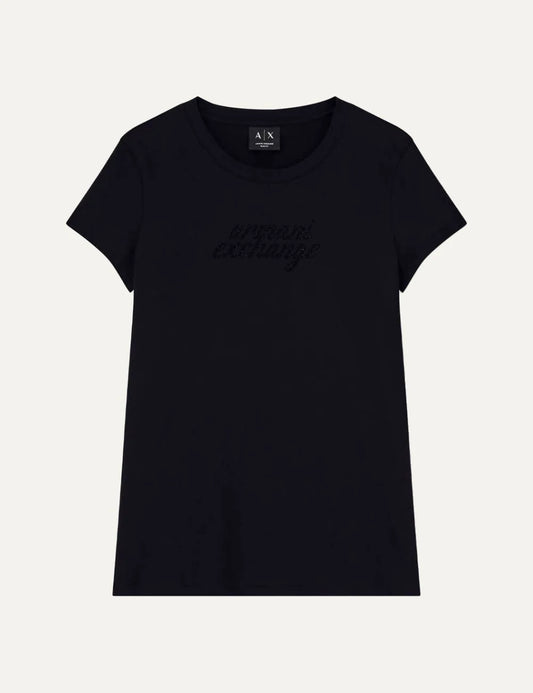 Armani Exchange women's black slim-fit cotton T-shirt with crew neckline, short sleeves and tonal rhinestone logo.