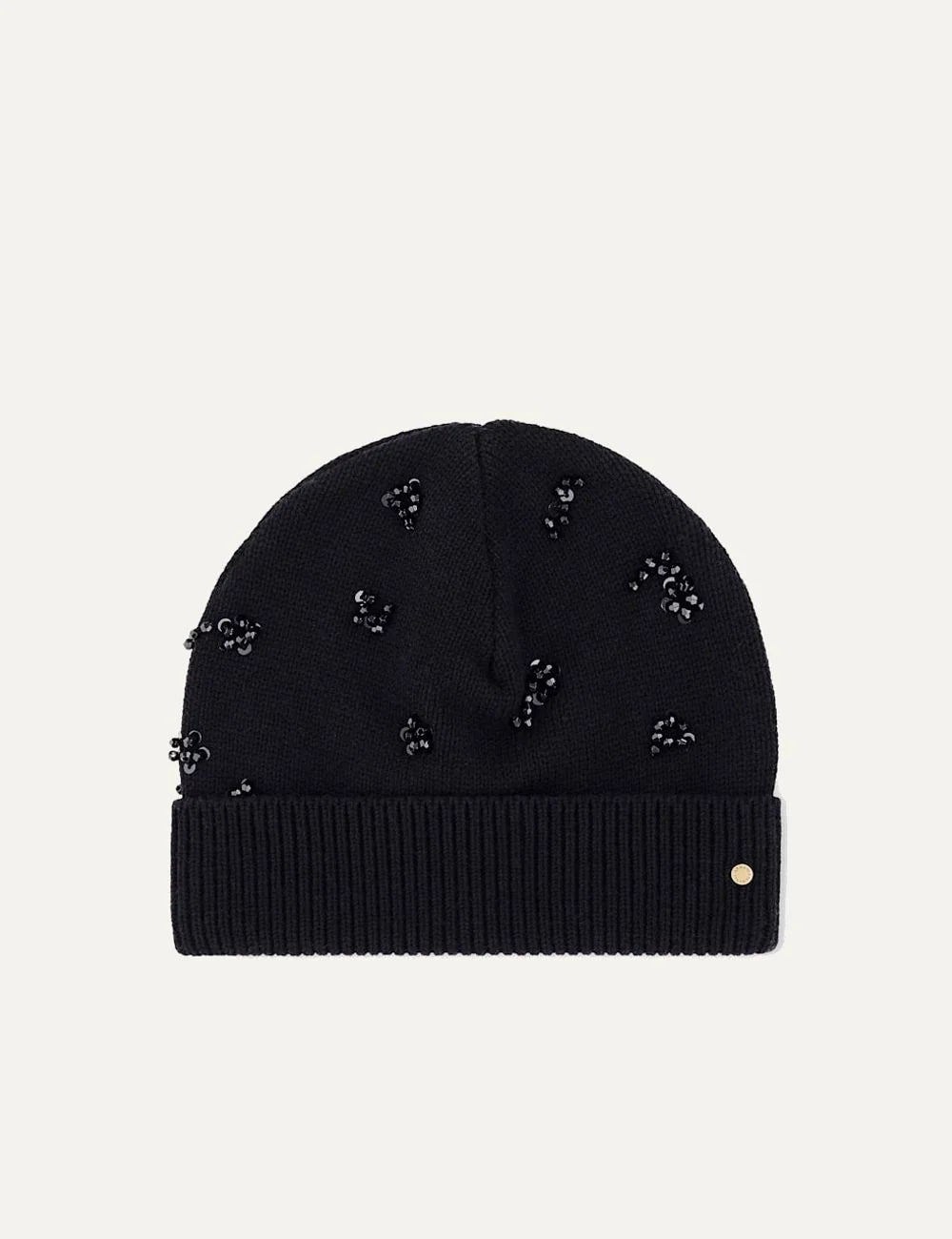 Women's Armani Exchange black knitted beanie with sequin floral details, ribbed cuff and metal plaque