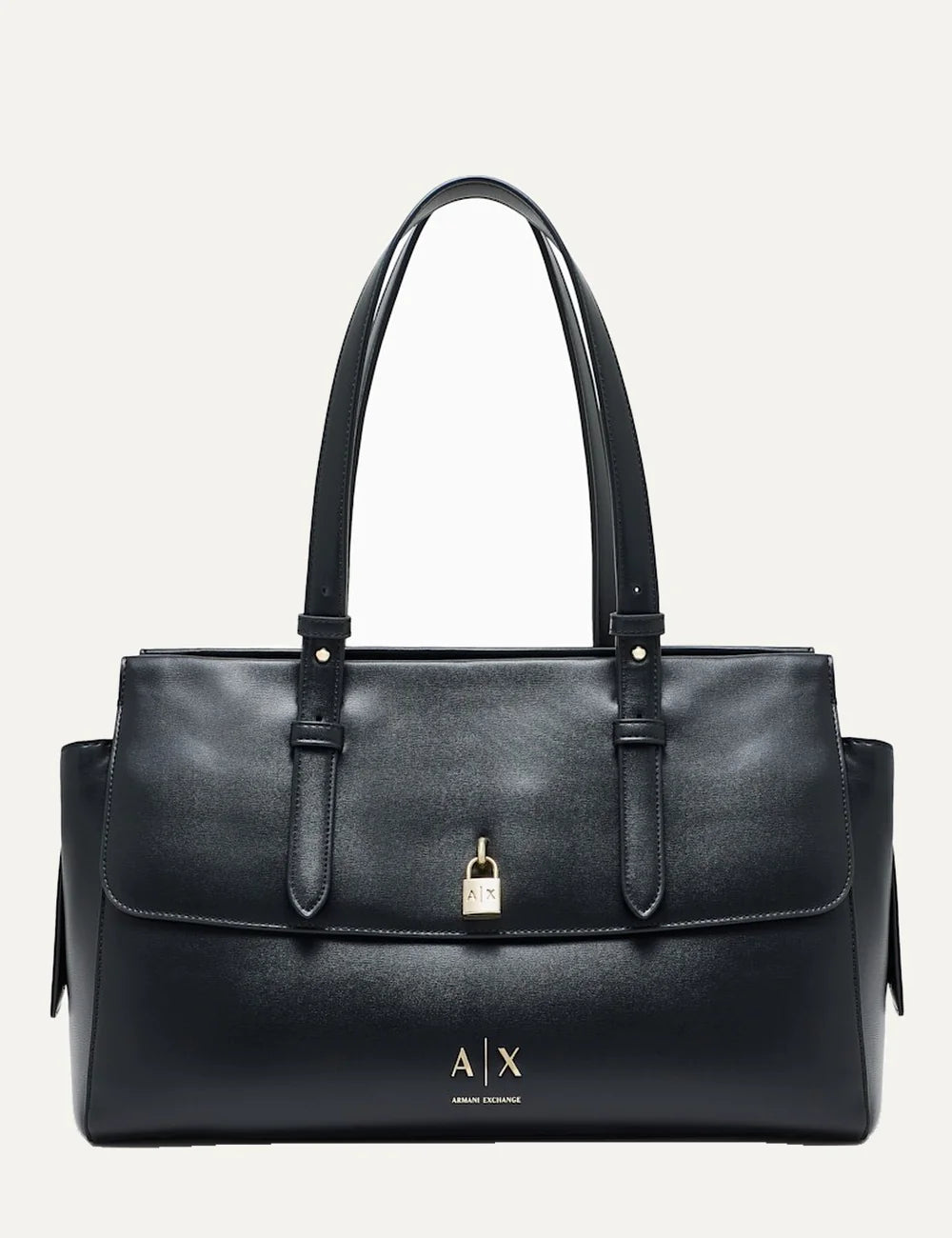 Women's Armani Exchange black shopping bag with smooth coated finish, long shoulder handles, detachable strap and gold-tone padlock detail