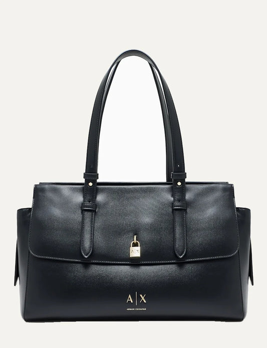 Women's Armani Exchange black shopping bag with smooth coated finish, long shoulder handles, detachable strap and gold-tone padlock detail
