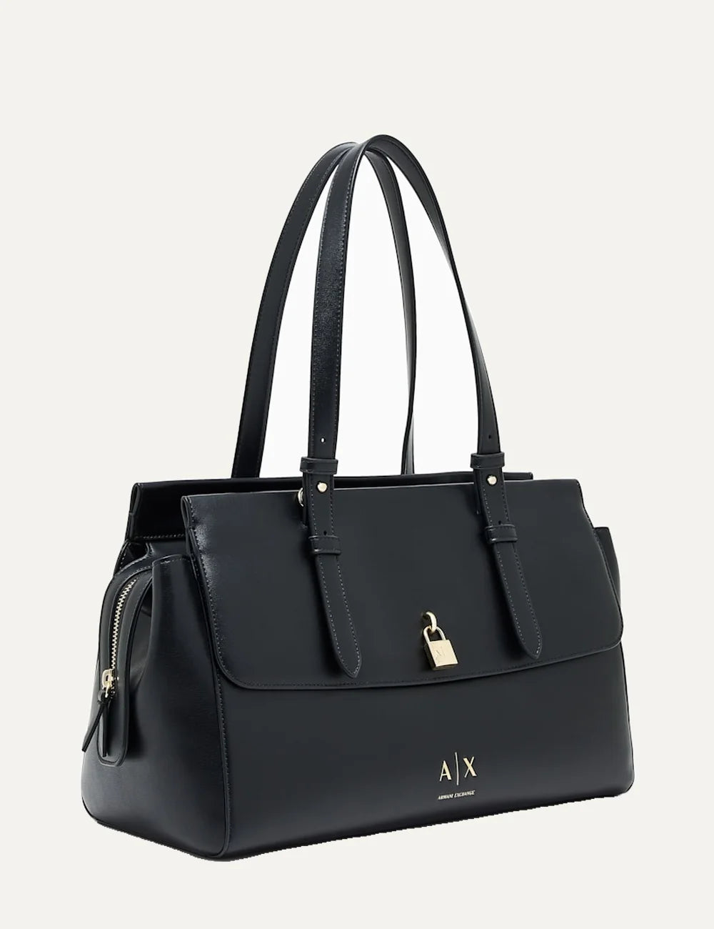 Women's Armani Exchange black shopping bag with smooth coated finish, long shoulder handles, detachable strap and gold-tone padlock detail side