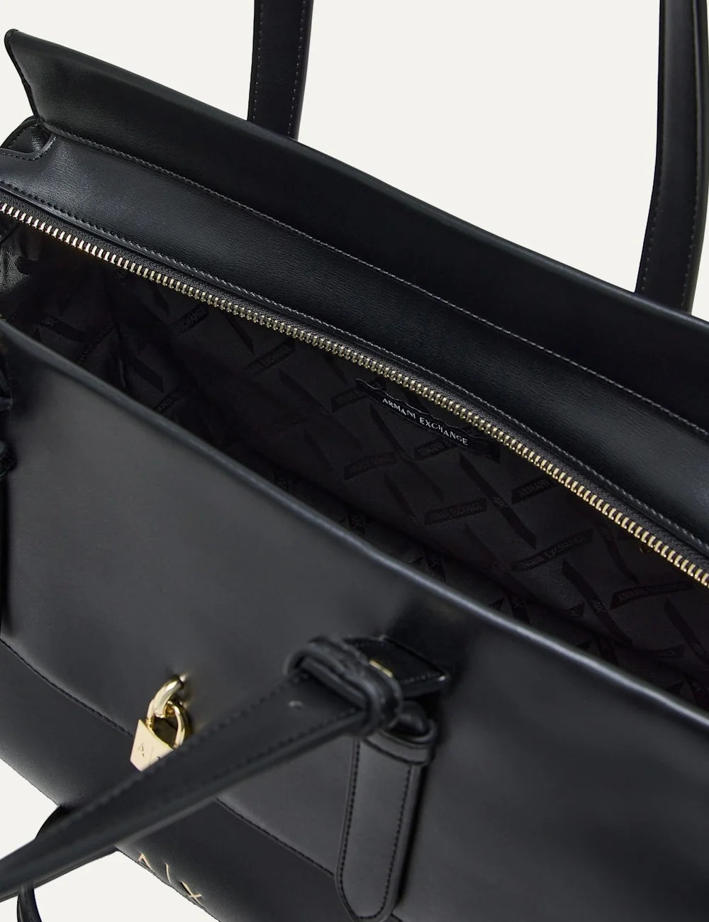 Women's Armani Exchange black shopping bag with smooth coated finish, long shoulder handles, detachable strap and gold-tone padlock detail top