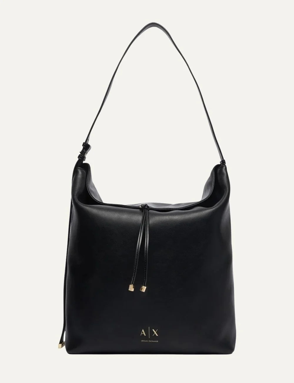 Women's Armani Exchange black shoulder bag with smooth coated finish, long shoulder strap, drawstring detail and gold-tone A|X logo