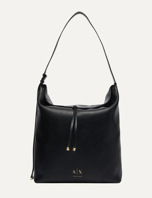 Women's Armani Exchange black shoulder bag with smooth coated finish, long shoulder strap, drawstring detail and gold-tone A|X logo