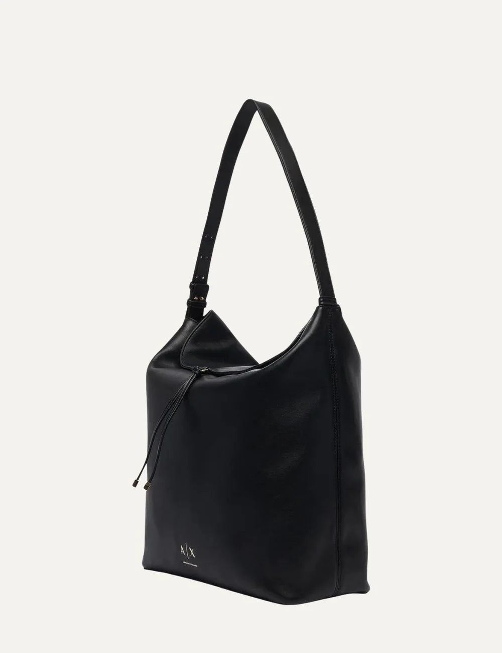 Women's Armani Exchange black shoulder bag with smooth coated finish, long shoulder strap, drawstring detail and gold-tone A|X logo side