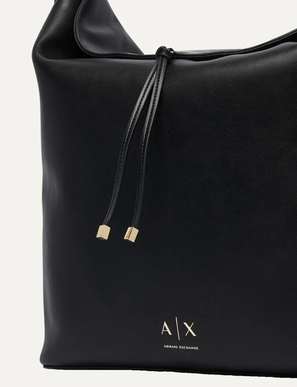 Women's Armani Exchange black shoulder bag with smooth coated finish, long shoulder strap, drawstring detail and gold-tone A|X logo detail