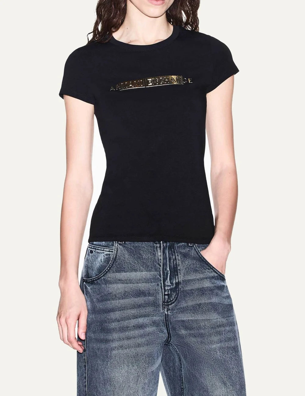 Armani Exchange women's black slim fit T-shirt with crew neck, short sleeves and metallic gold logo detail on the chest.