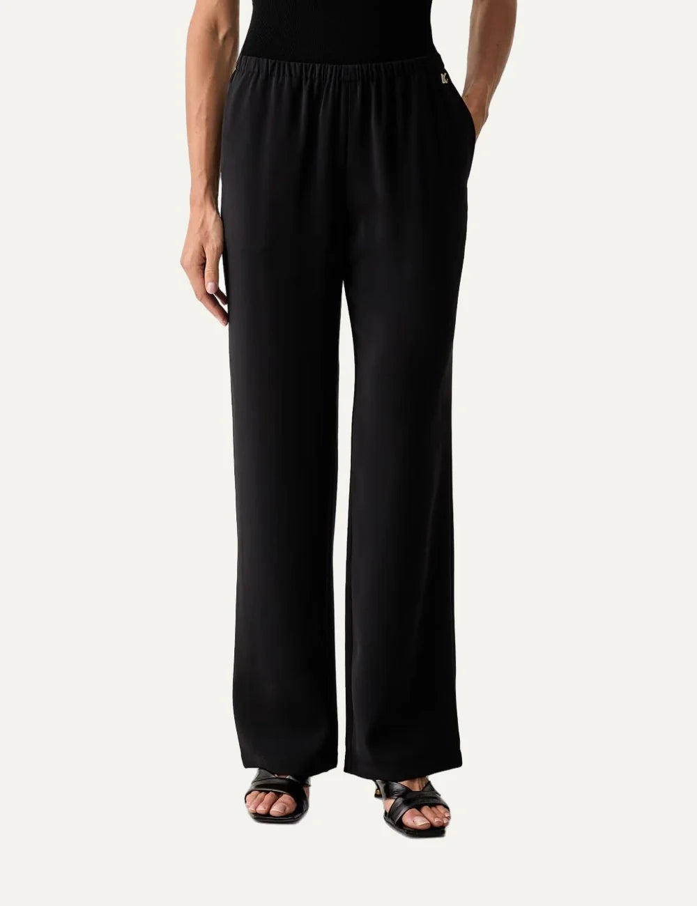 Women's Armani Exchange black recycled polyester straight-leg trousers with elasticated waist, side pockets and embroidered logo