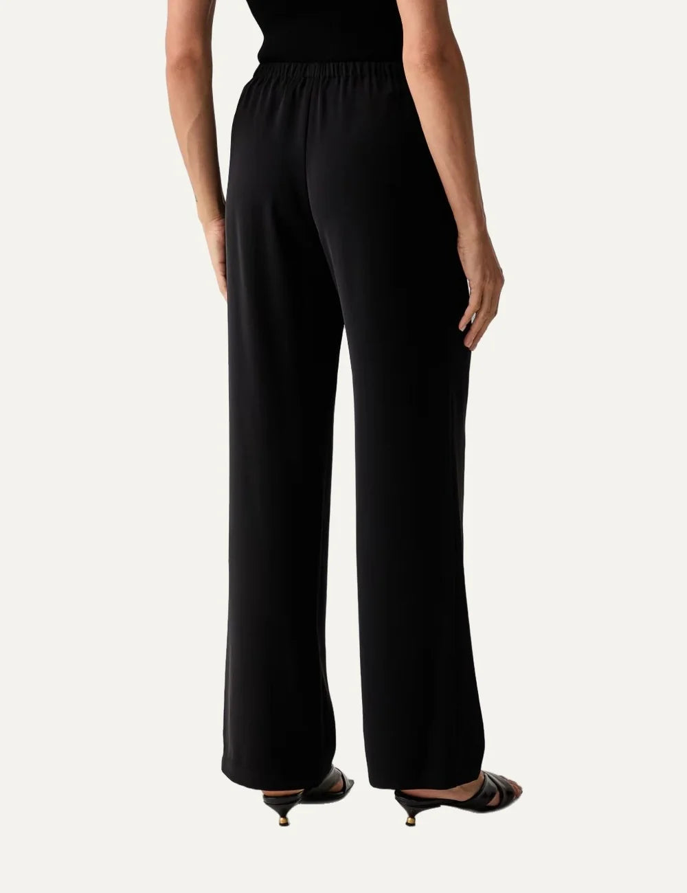 Women's Armani Exchange black recycled polyester straight-leg trousers with elasticated waist, side pockets and embroidered logo back