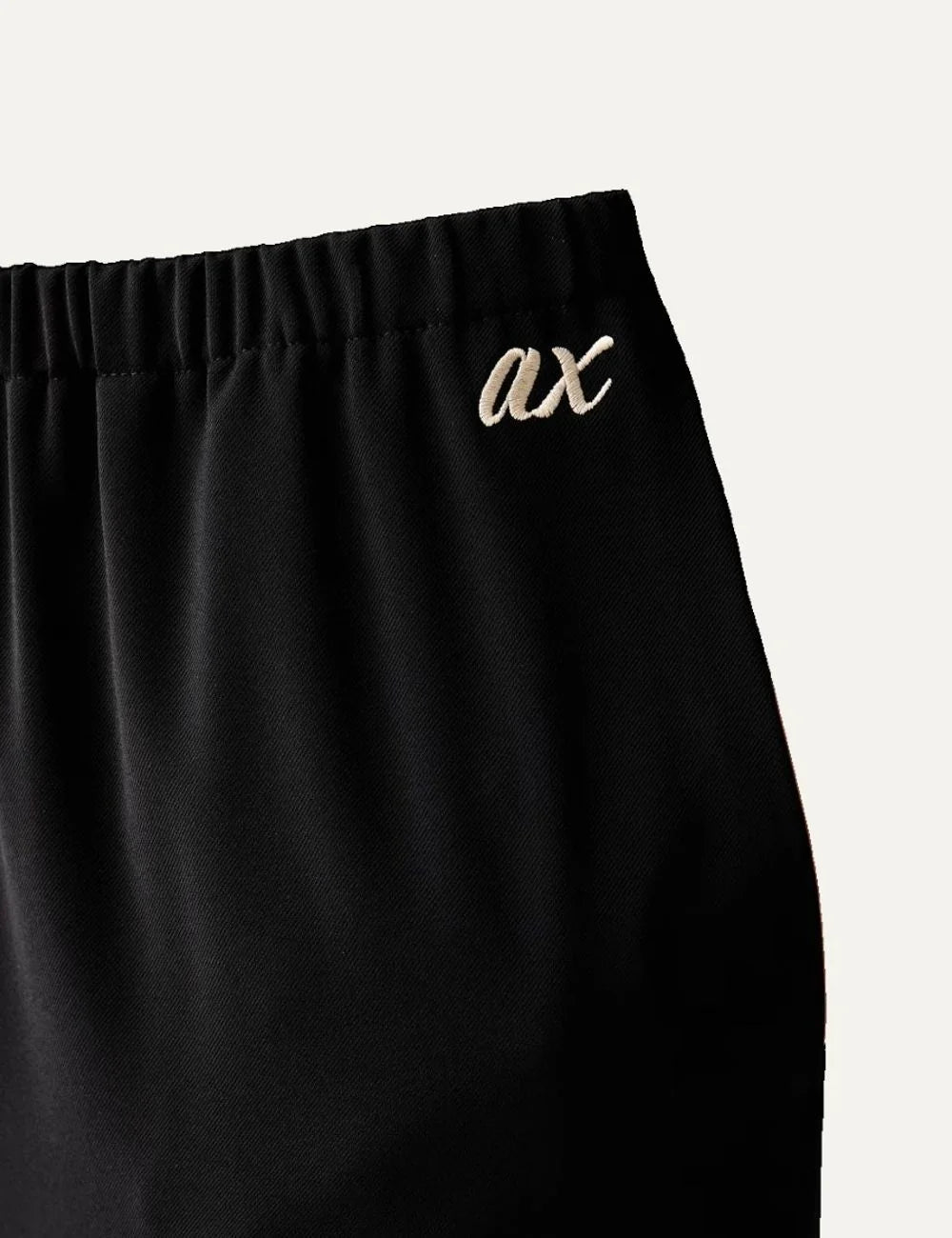 Women's Armani Exchange black recycled polyester straight-leg trousers with elasticated waist, side pockets and embroidered logo detail 