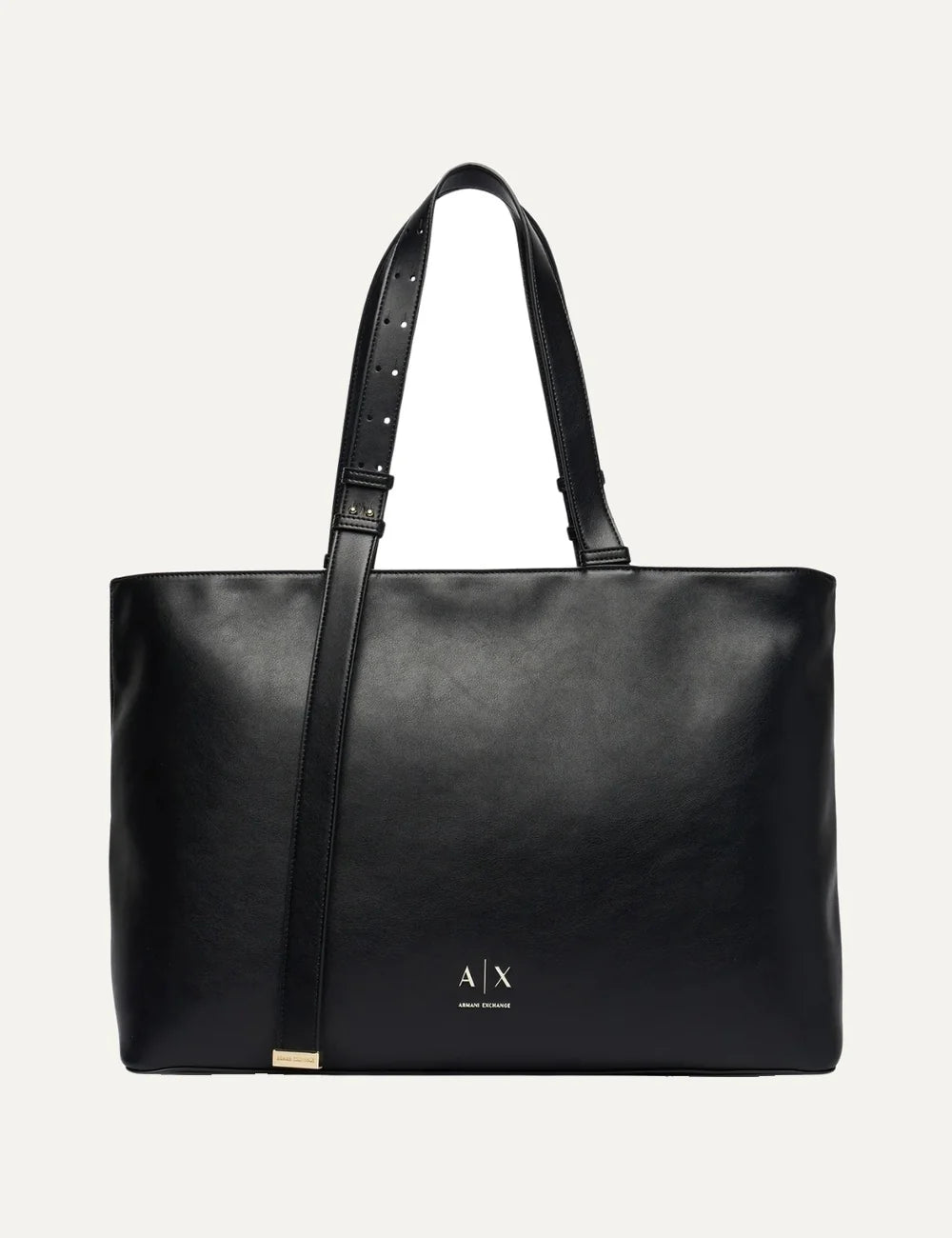 Women's Armani Exchange black tote bag with smooth coated finish, long adjustable handles, front strap detail and gold-tone A|X logo
