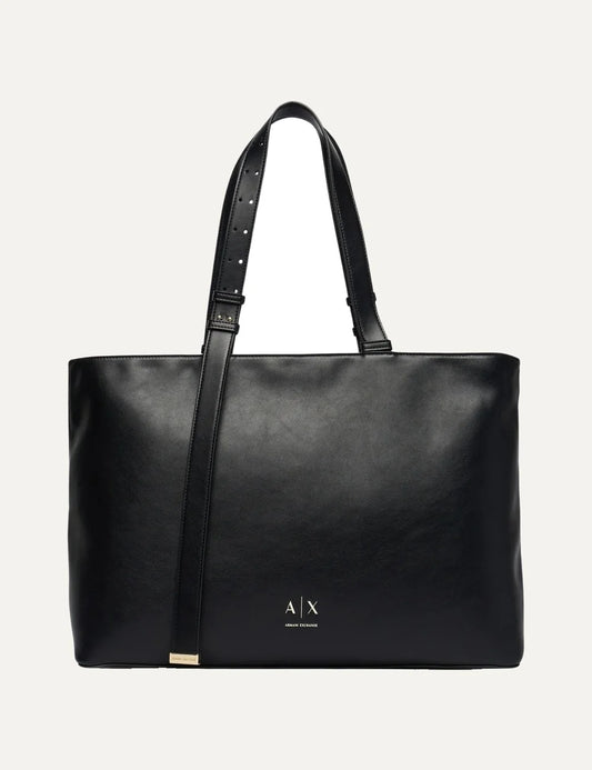 Women's Armani Exchange black tote bag with smooth coated finish, long adjustable handles, front strap detail and gold-tone A|X logo
