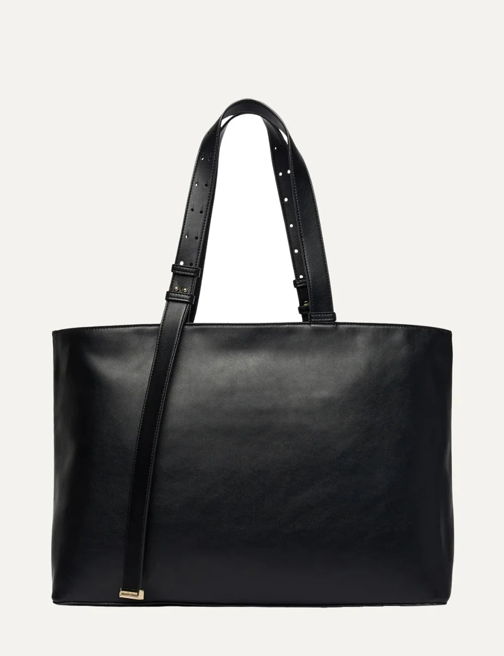 Women's Armani Exchange black tote bag with smooth coated finish, long adjustable handles, front strap detail and gold-tone A|X logo back