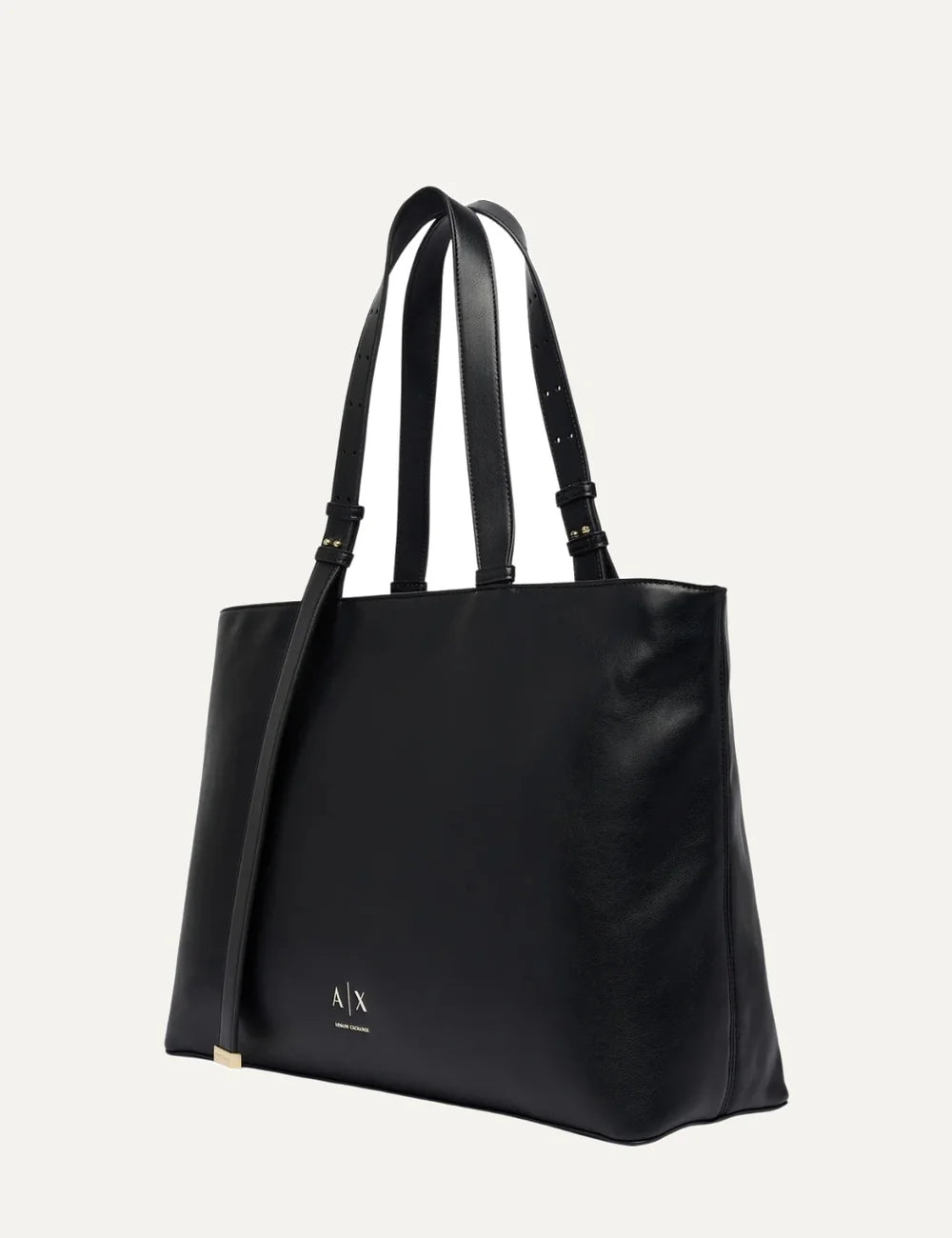 Women's Armani Exchange black tote bag with smooth coated finish, long adjustable handles, front strap detail and gold-tone A|X logo side