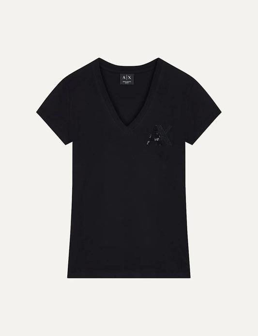 Armani Exchange women's black slim-fit cotton jersey T-shirt with V-neckline, short sleeves and tonal sequin A|X chest logo.