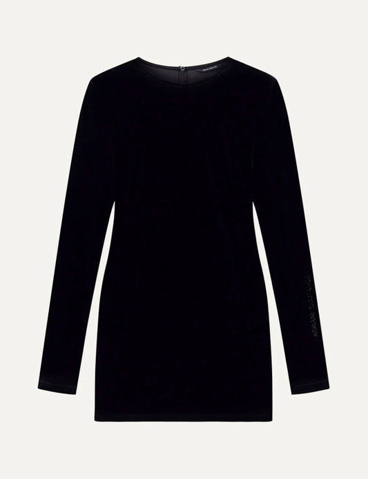 Armani Exchange women's black velvet Mini dress with long sleeves, round neckline, slim fit and subtle sleeve logo.
