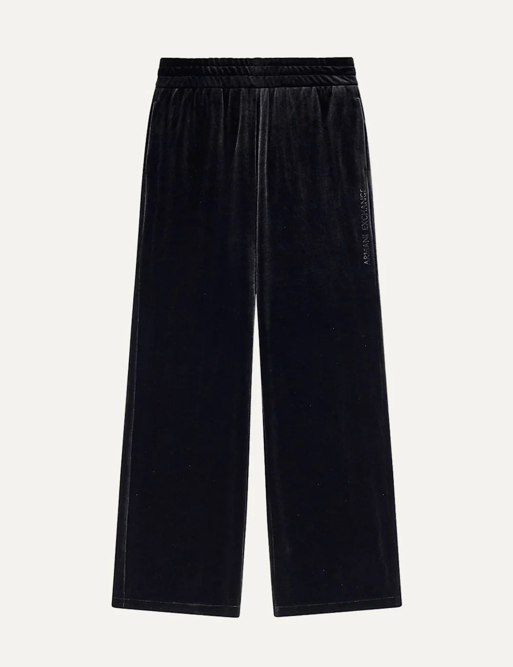 Armani Exchange women's black velvet wide leg sweatpants with elastic waistband and tonal vertical side logo.