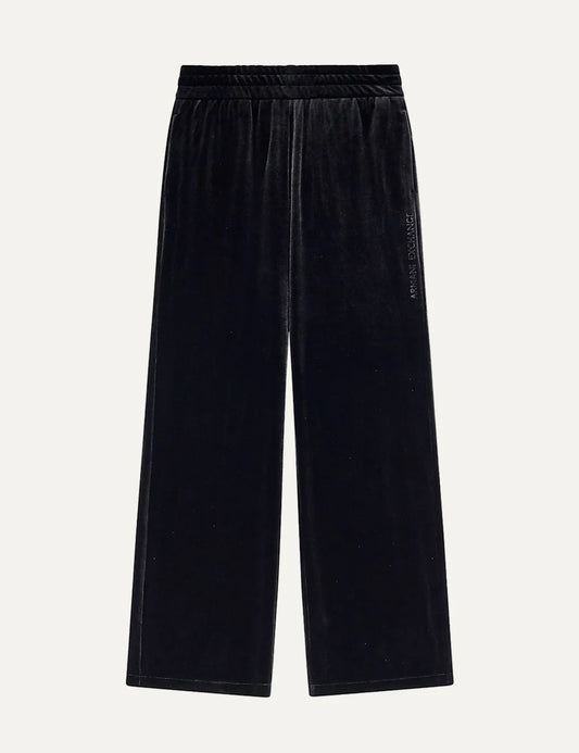 Armani Exchange women's black velvet wide leg sweatpants with elastic waistband and tonal vertical side logo.