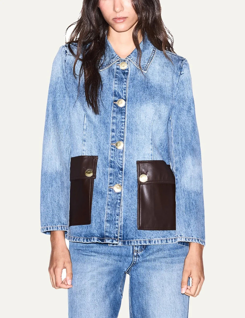 Women's Armani Exchange blue denim jacket with faded finish, dark brown faux leather patch pockets and gold-tone buttons