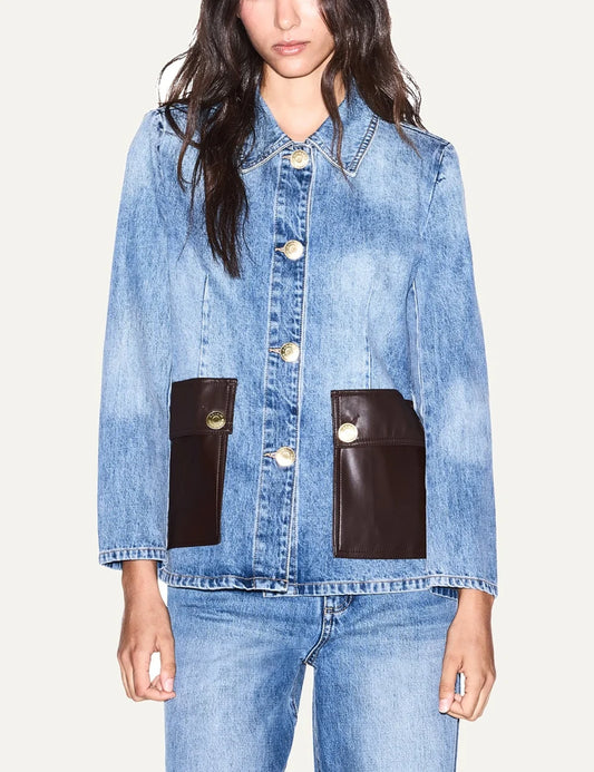 Women's Armani Exchange blue denim jacket with faded finish, dark brown faux leather patch pockets and gold-tone buttons