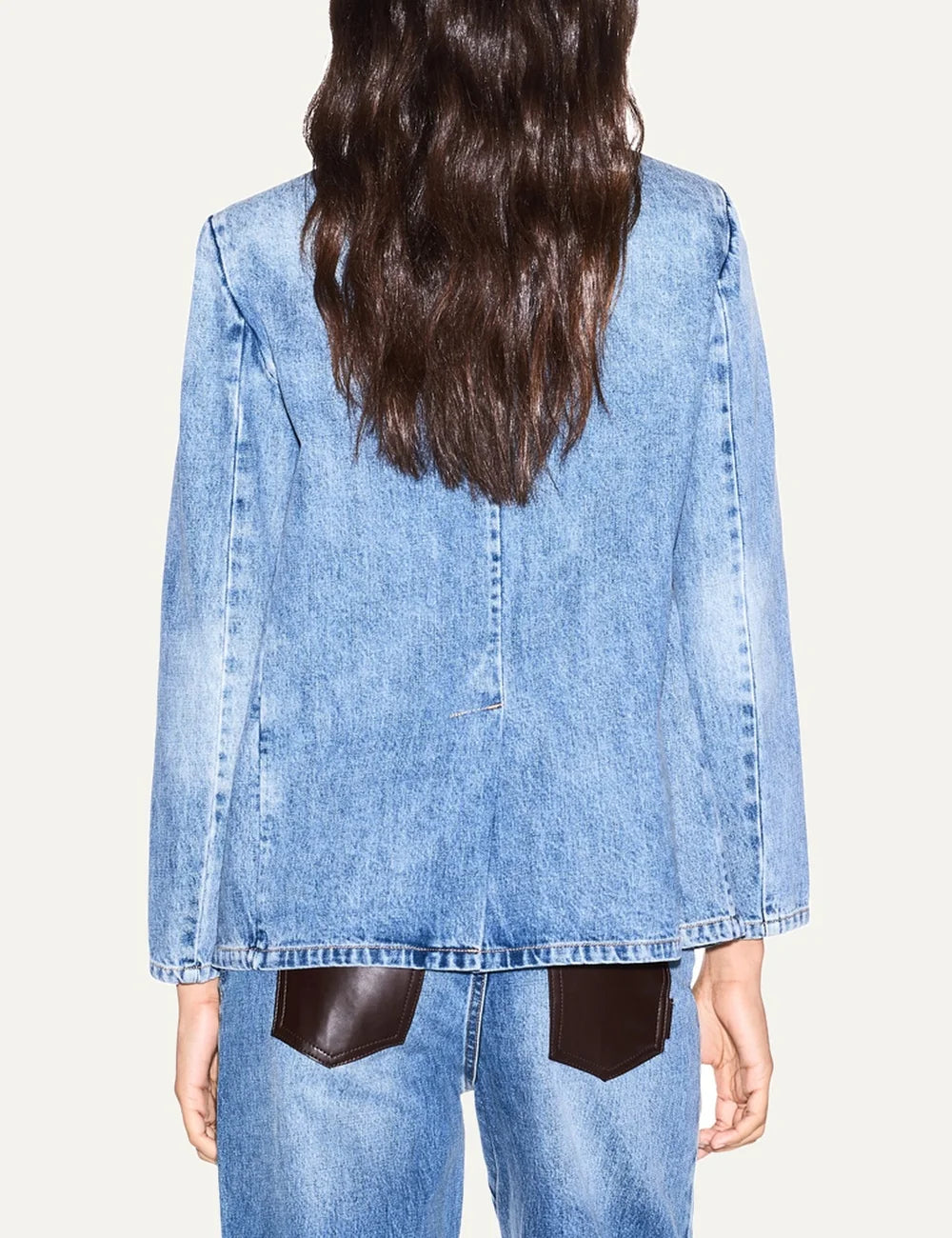 Women's Armani Exchange blue denim jacket with faded finish, dark brown faux leather patch pockets and gold-tone buttons back