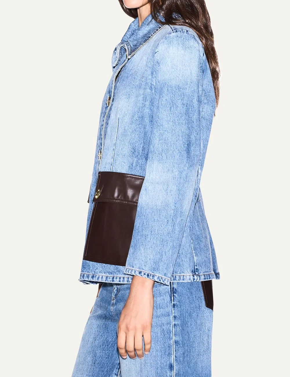 Women's Armani Exchange blue denim jacket with faded finish, dark brown faux leather patch pockets and gold-tone buttons side