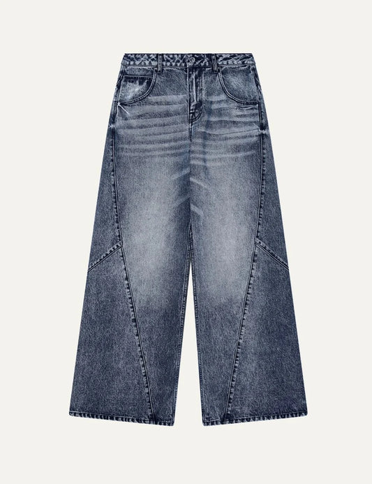 Women's Armani Exchange blue washed denim jeans with low waist, oversized fit, wide legs and panel seam details