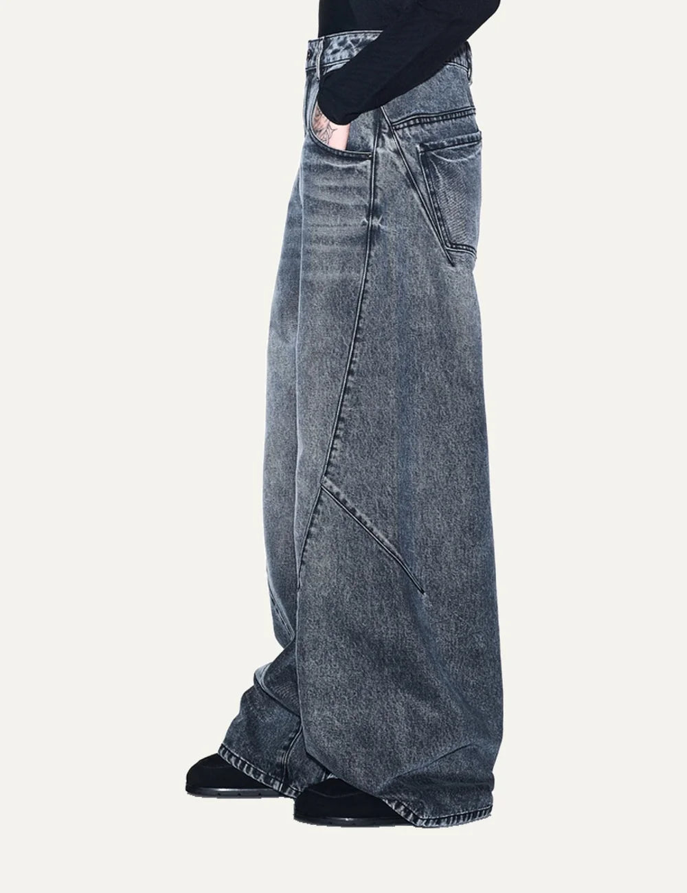 Women's Armani Exchange blue washed denim jeans with low waist, oversized fit, wide legs and panel seam details side