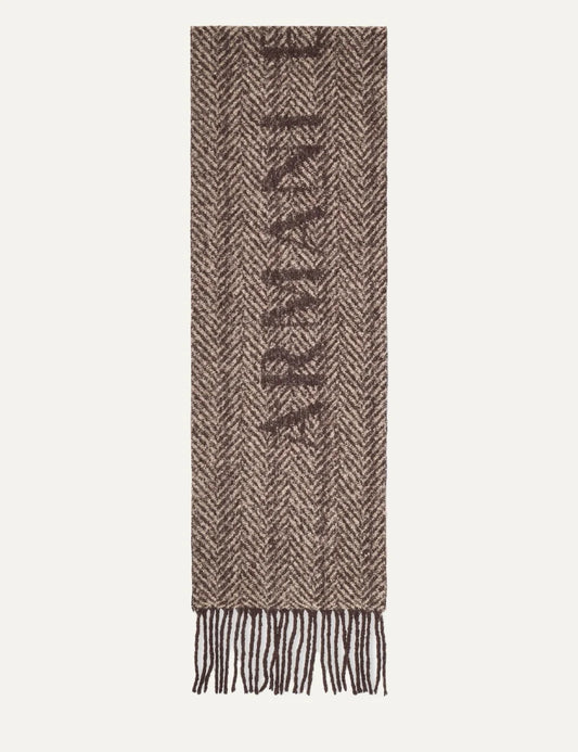 Women's Armani Exchange brown and beige herringbone scarf with large logo lettering and fringed edges