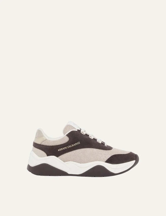 Women's Armani Exchange sneakers in brown, beige and white with textile and leather upper, suede panels, lace-up closure and chunky sole
