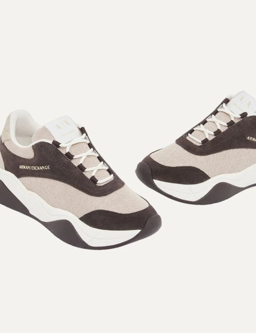 Women's Armani Exchange sneakers in brown, beige and white with textile and leather upper, suede panels, lace-up closure and chunky sole angled