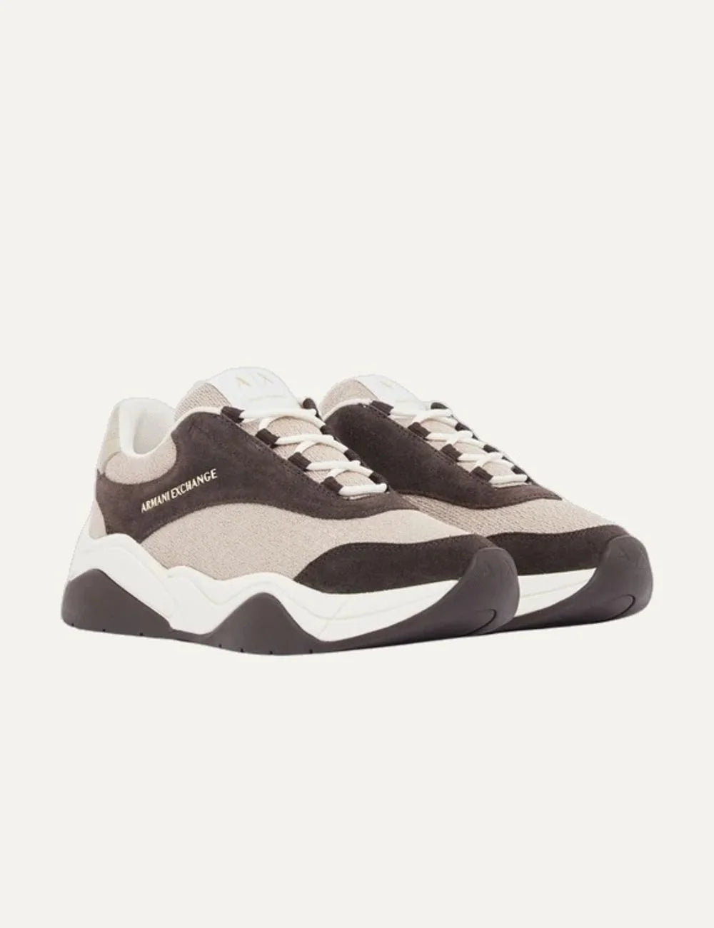 Women's Armani Exchange sneakers in brown, beige and white with textile and leather upper, suede panels, lace-up closure and chunky sole profile