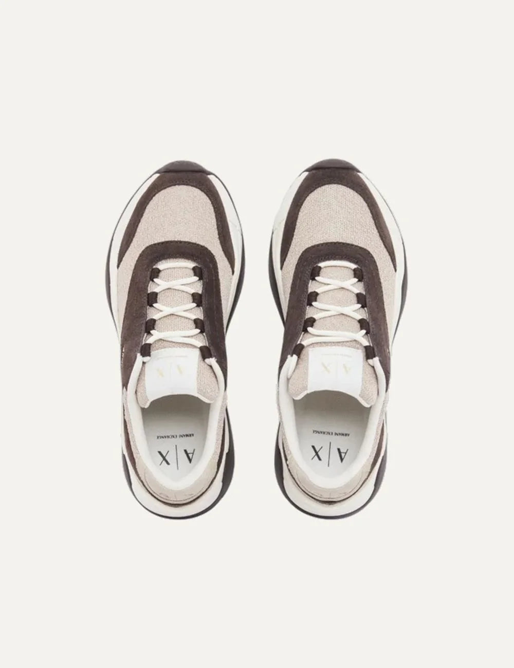 Women's Armani Exchange sneakers in brown, beige and white with textile and leather upper, suede panels, lace-up closure and chunky sole top