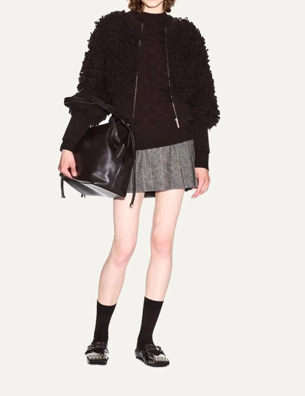 Women's Armani Exchange brown checked mini skirt with pleated design, high waist and A-line silhouette full body