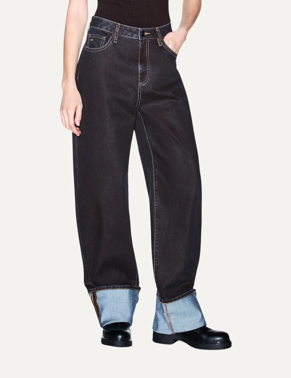 Women's Armani Exchange dark blue denim jeans with relaxed straight fit, contrast stitching and wide turned-up cuffs