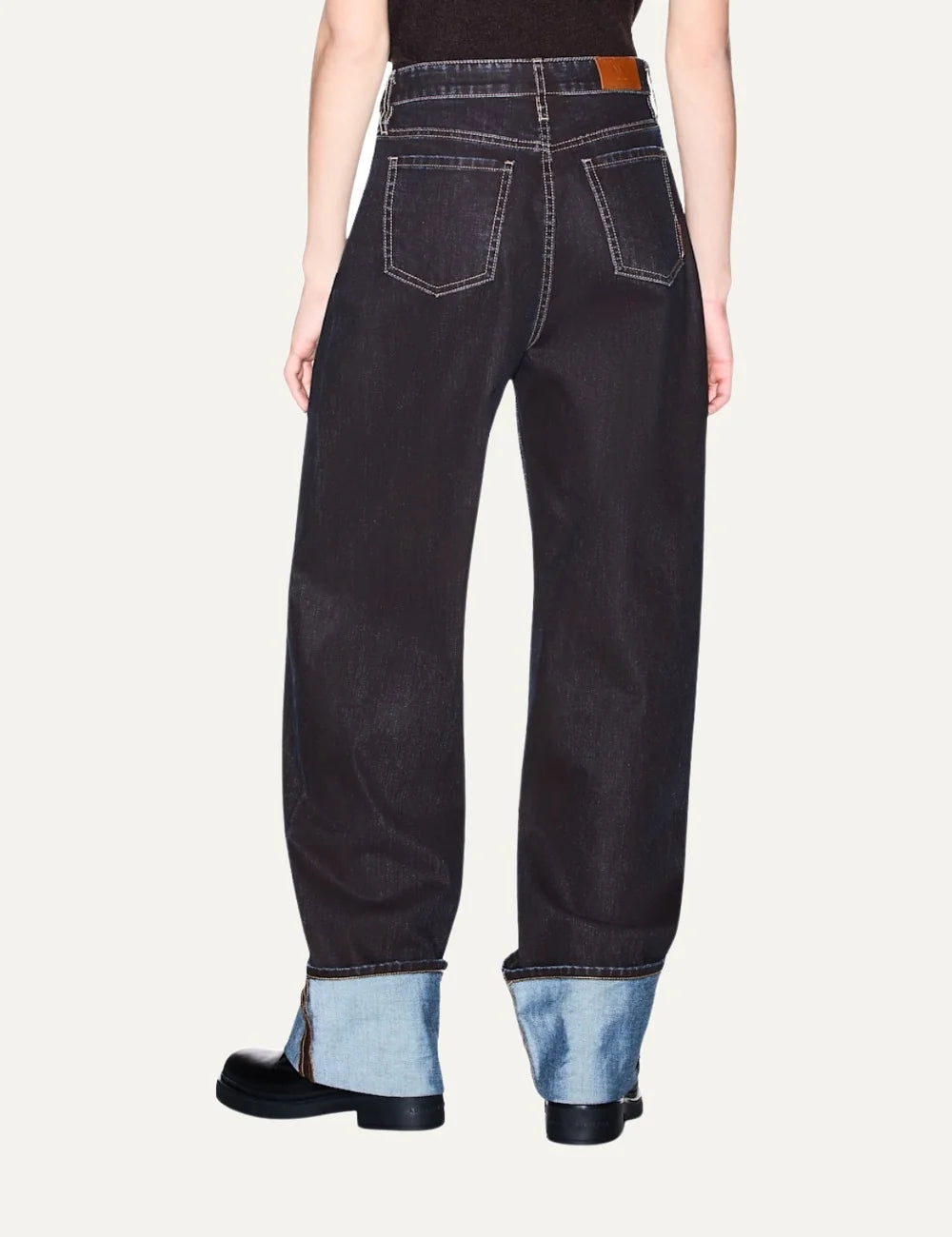 Women's Armani Exchange dark blue denim jeans with relaxed straight fit, contrast stitching and wide turned-up cuffs back
