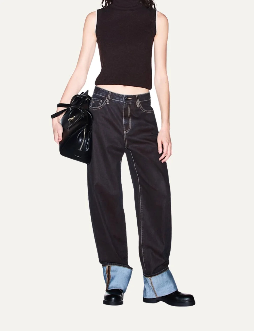 Women's Armani Exchange dark blue denim jeans with relaxed straight fit, contrast stitching and wide turned-up cuffs full body