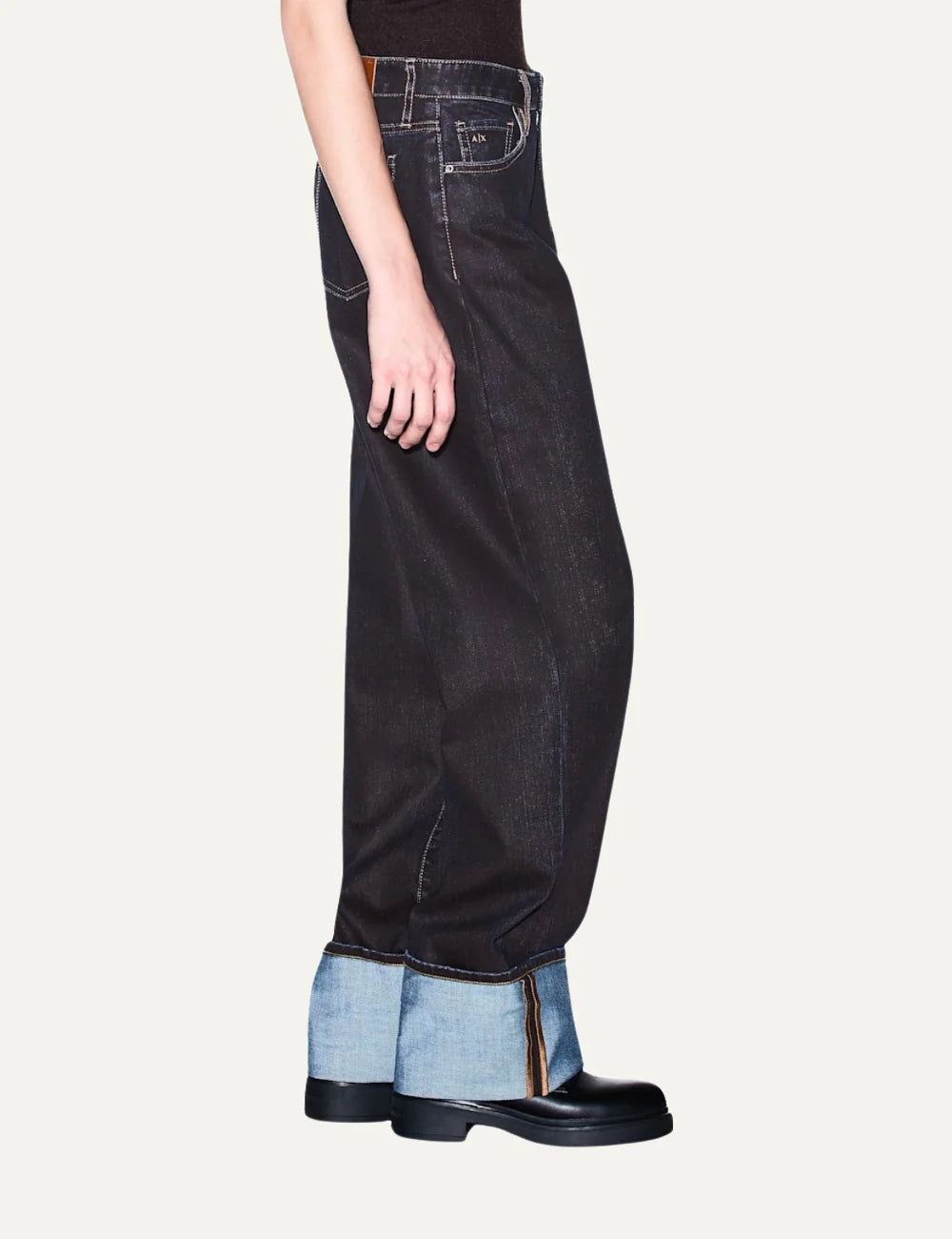 Women's Armani Exchange dark blue denim jeans with relaxed straight fit, contrast stitching and wide turned-up cuffs side