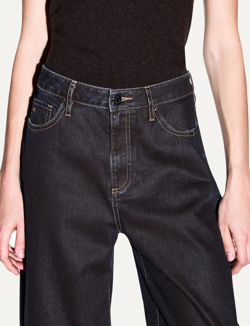Women's Armani Exchange dark blue denim jeans with relaxed straight fit, contrast stitching and wide turned-up cuffs detail