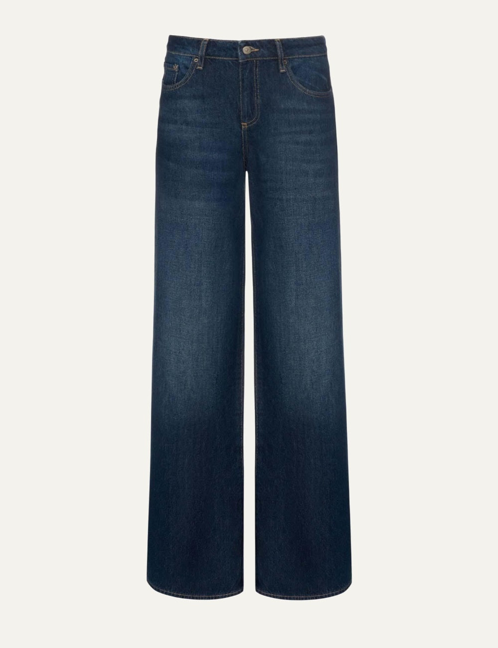 Armani Exchange women's dark blue cotton jeans with low waist, wide legs, classic five-pocket design and subtle faded effect.