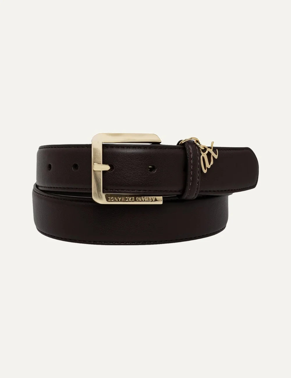 Women's Armani Exchange dark brown belt with gold-tone buckle, engraved branding and A|X logo charm