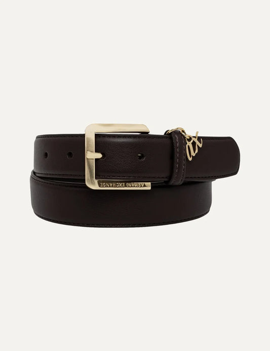 Women's Armani Exchange dark brown belt with gold-tone buckle, engraved branding and A|X logo charm