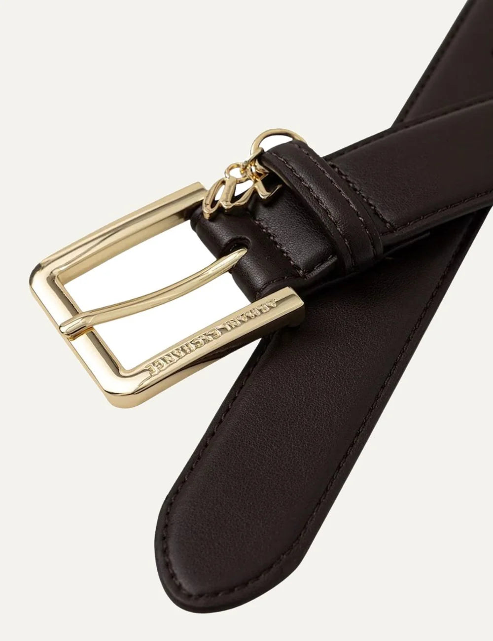 Women's Armani Exchange dark brown belt with gold-tone buckle, engraved branding and A|X logo charm detail