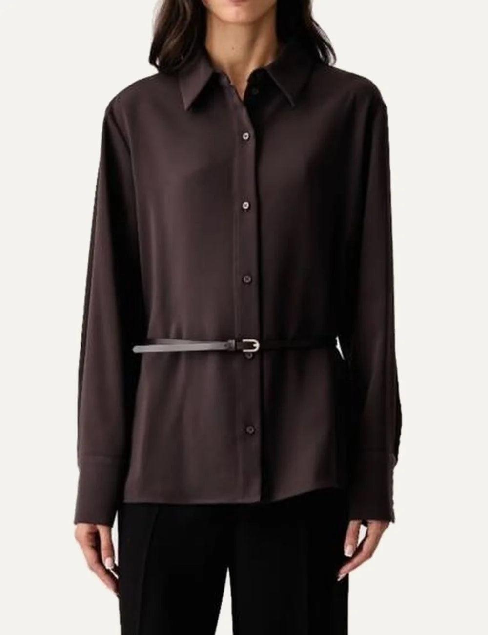 Armani Exchange women's dark brown long sleeve shirt with pointed collar, front button fastening and slim waist belt.
