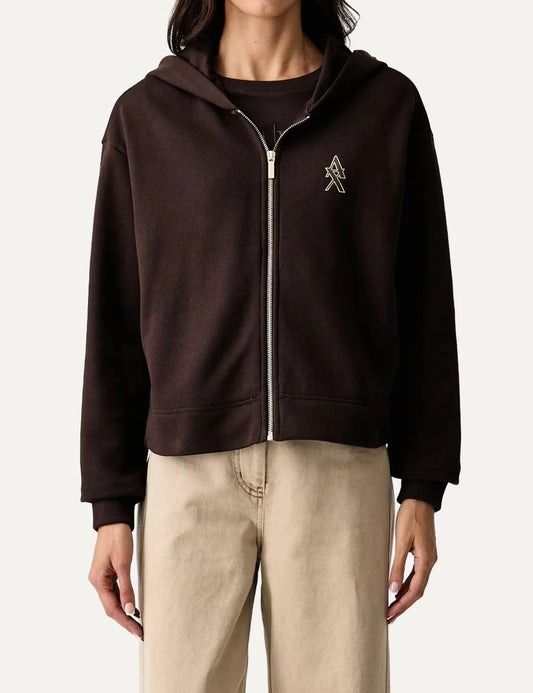 Armani Exchange women's dark brown cotton zip-up hoodie with chest logo, dropped shoulders and ribbed cuffs.