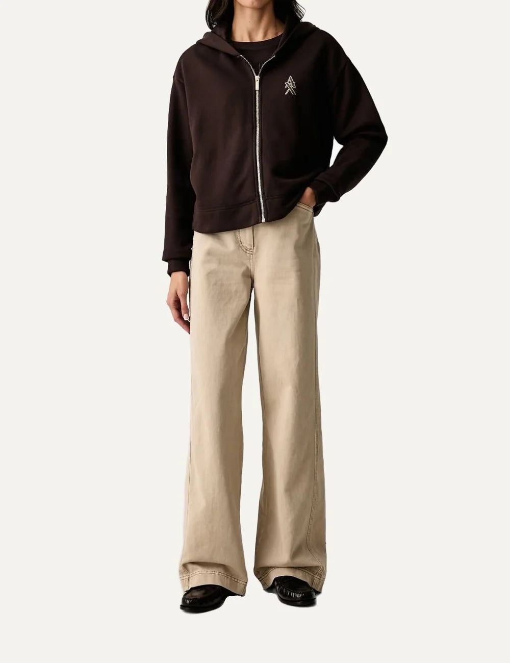 Armani Exchange women's dark brown cotton zip-up hoodie with chest logo, dropped shoulders and ribbed cuffs full body