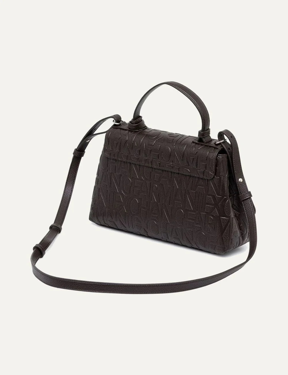 Armani Exchange women's dark brown handbag with allover embossed logo, structured flap design, top handle and silver-tone AX charm back